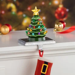 Mr. Christmas Green Ceramic Trees>5" Illuminated Ceramic Stocking Hanger - Green Tree