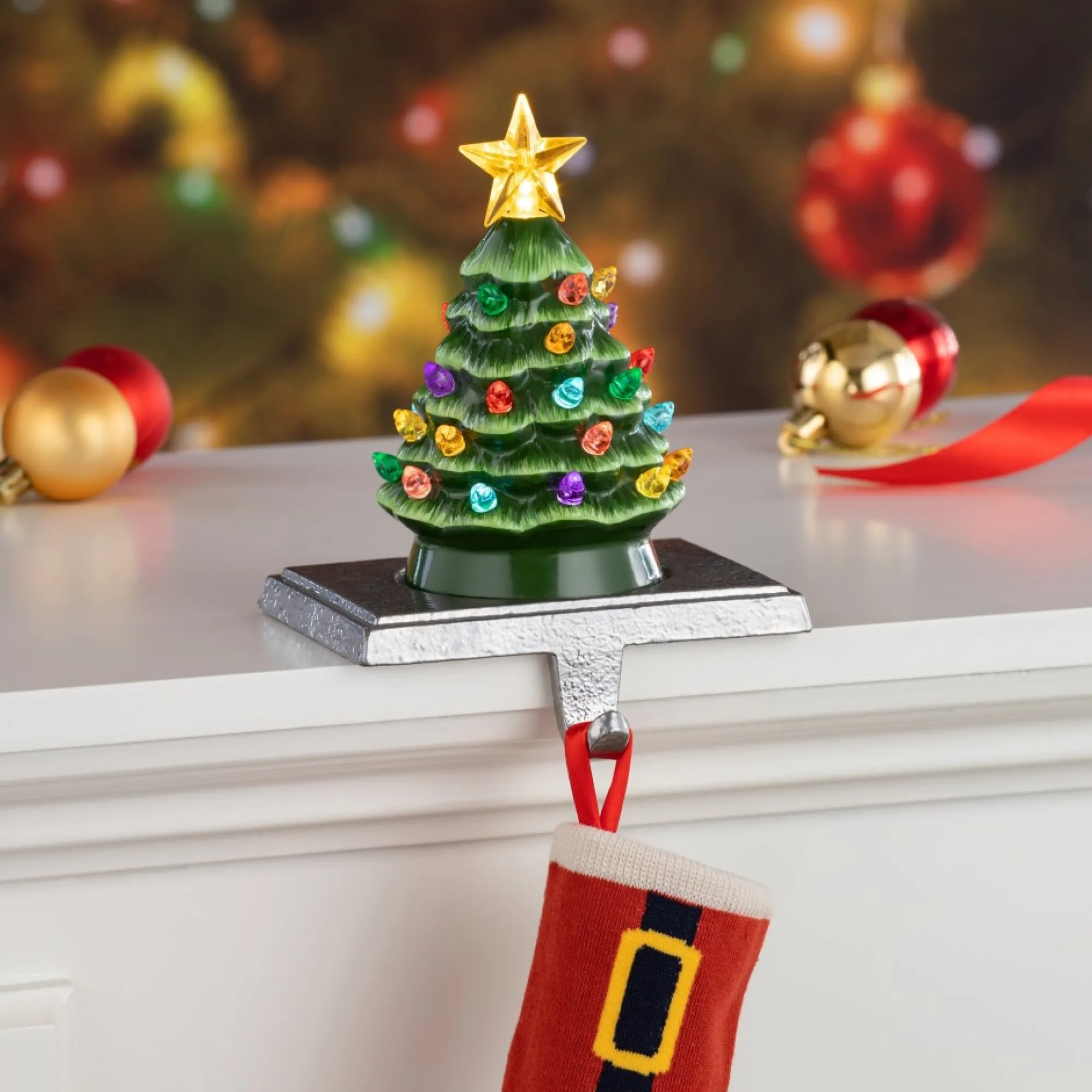 Mr. Christmas Green Ceramic Trees>5" Illuminated Ceramic Stocking Hanger - Green Tree