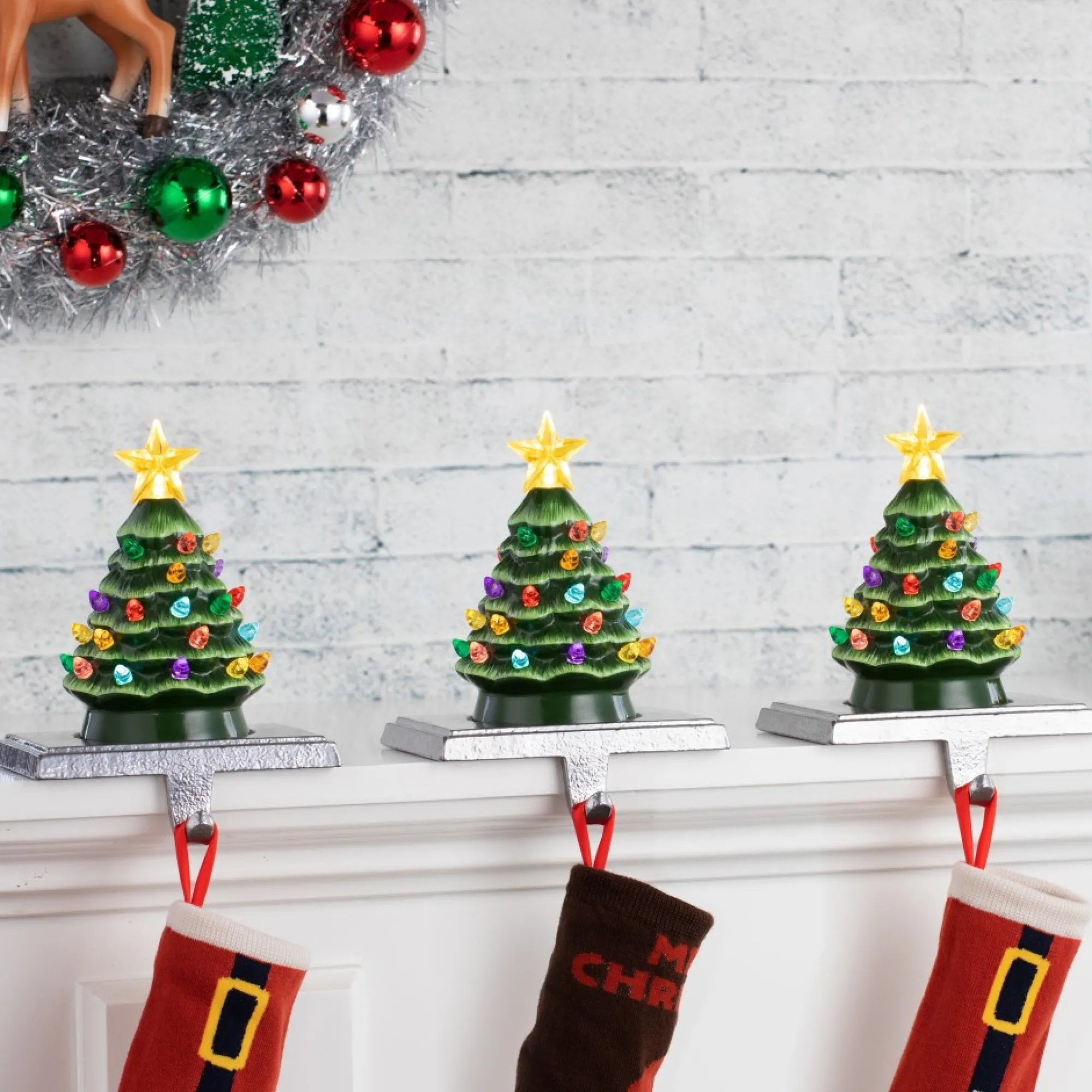 Mr. Christmas Green Ceramic Trees>5" Illuminated Ceramic Stocking Hanger - Green Tree