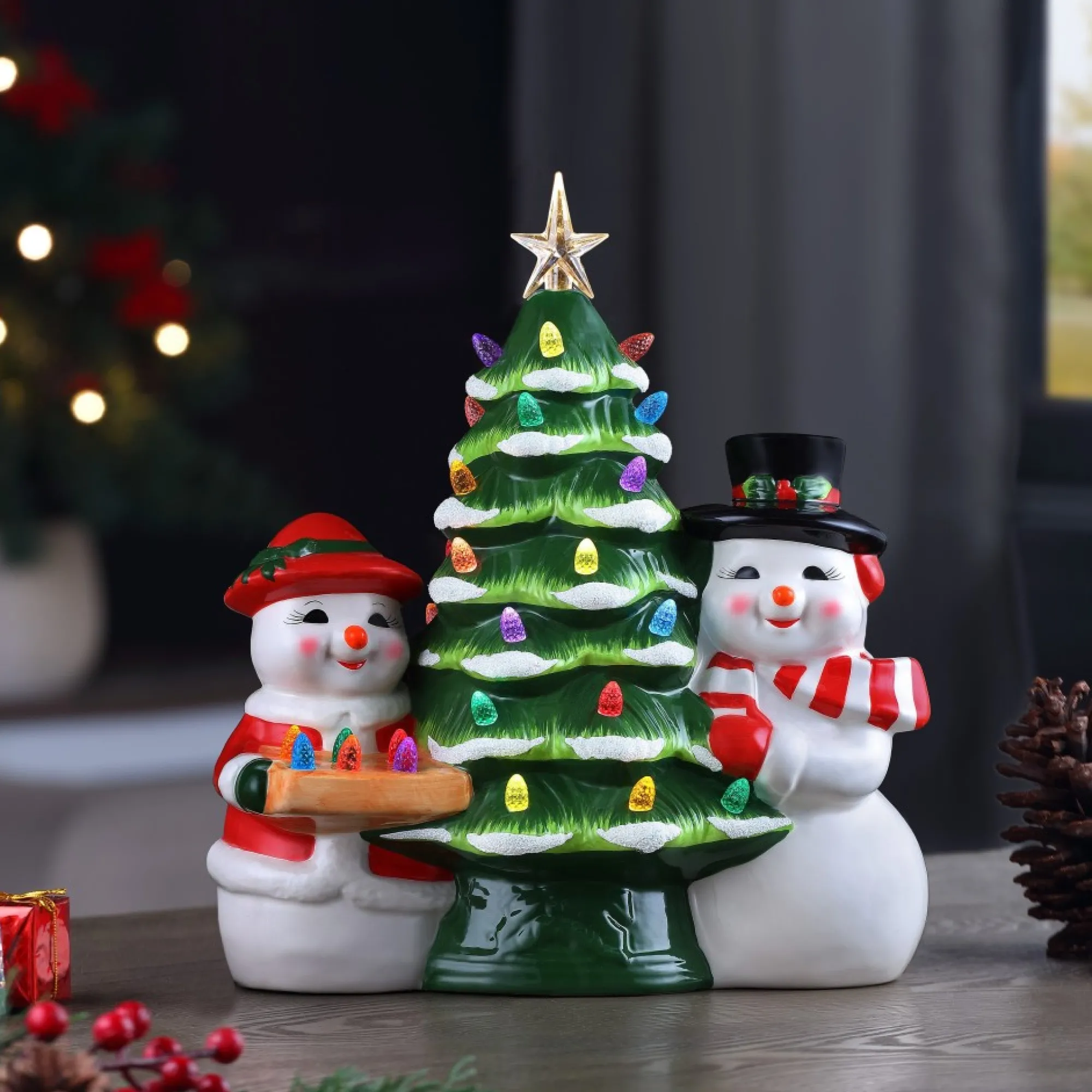 Mr. Christmas Green Ceramic Trees>12" Mr & Mrs Snowman Nostalgic Ceramic Tree