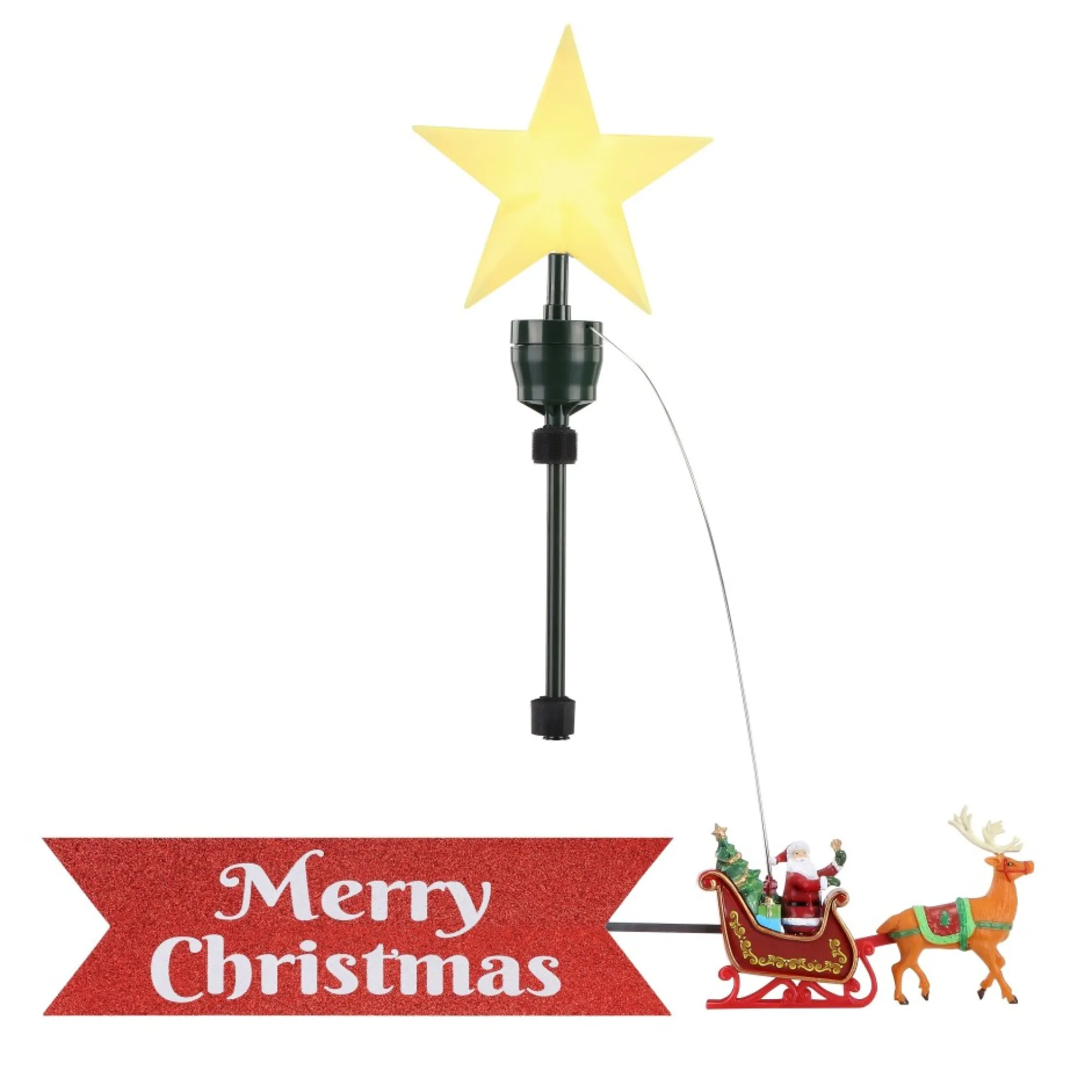 Mr. Christmas Tree Toppers>Animated Sleigh Tree Topper With Banner - White Santa