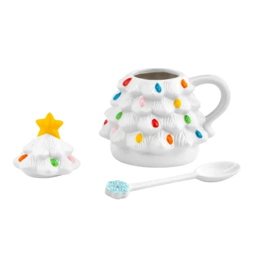 Mr. Christmas Mugs>Nostalgic Ceramic Tree Lidded Mug With Spoon - White