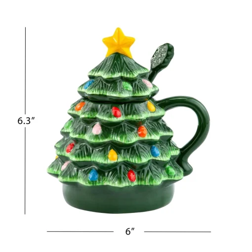 Mr. Christmas Mugs>Nostalgic Ceramic Tree Lidded Mug With Spoon - Green