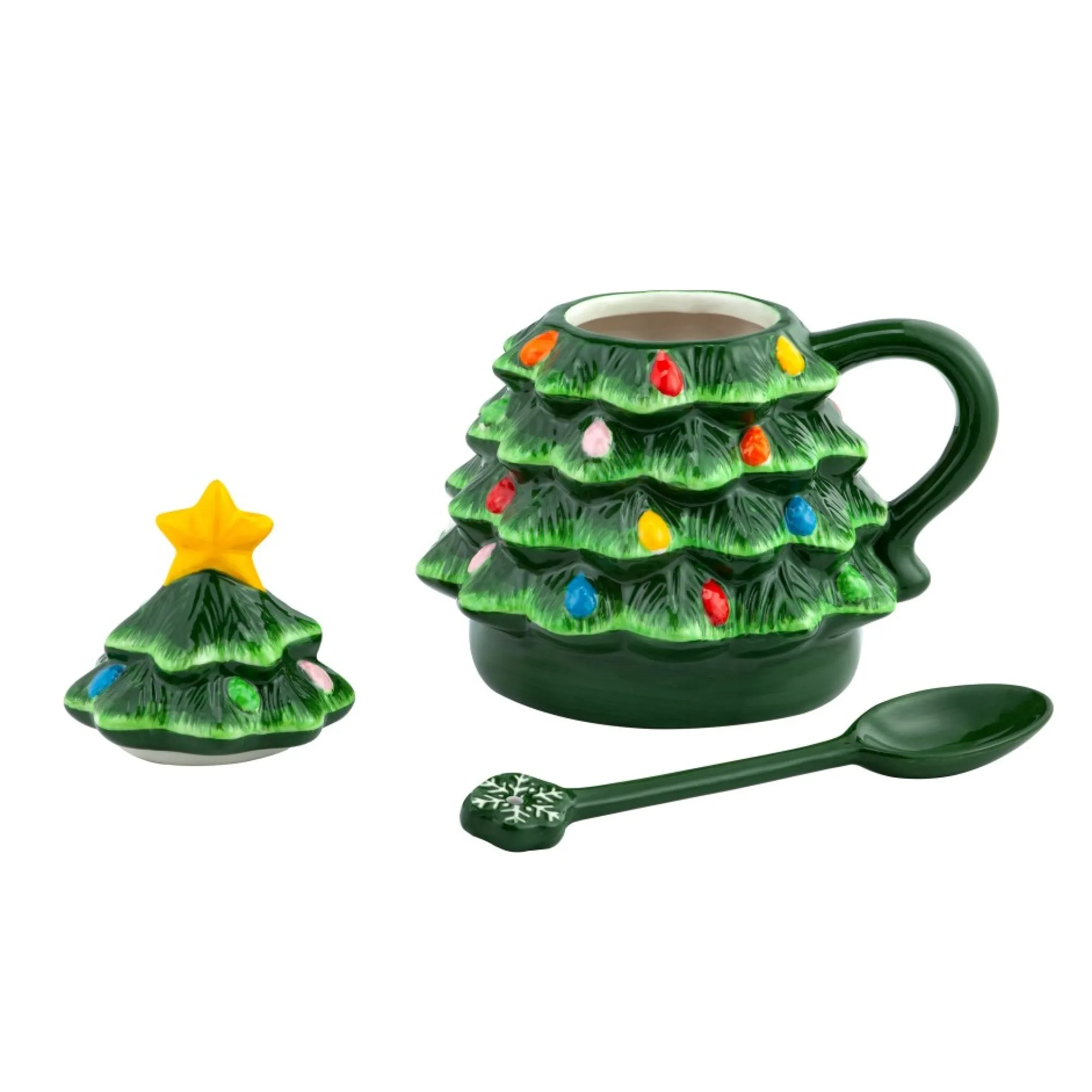 Mr. Christmas Mugs>Nostalgic Ceramic Tree Lidded Mug With Spoon - Green